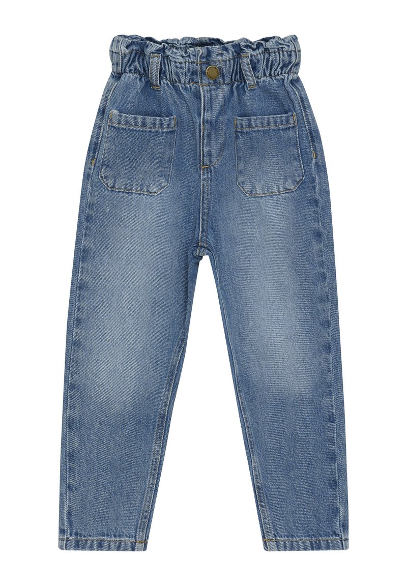 Jeans i ljusblå färg, elastisk midjeband och två framfickor. Rakt bensnitt med enkla sömnadsdetaljer.
