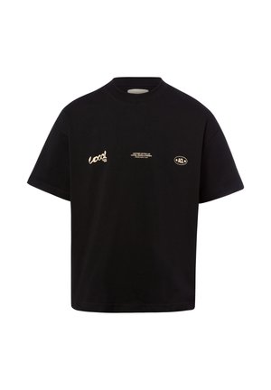 Black short-sleeve t-shirt with small beige text and logos "Local," "Another Cotton Lab," and "ACL" printed on front chest area.