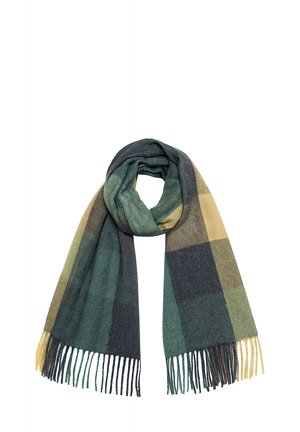 Plaid scarf in shades of green, yellow, and gray. Soft, woven texture with fringed edges. Rectangular shape, suitable for layering.