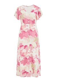 Květinové midi šaty z lehkého materiálu, s růžovými a béžovými akvarelovými vzory, V-výstřihem, krátkými volánkovými rukávy a zapínáním na knoflíky.