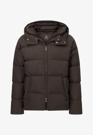 Braune, gesteppte Pufferjacke mit Kapuze, durchgehendem Reißverschluss, Druckknöpfen und seitlichen Taschen. Aus einem weichen, strukturierten Stoff gefertigt.