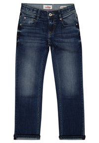 Jeans de mezclilla azul oscuro con un diseño de pierna recta, cinco bolsillos y un ligero desvanecimiento. Presenta costuras en contraste y una etiqueta de marca en la cinturilla.