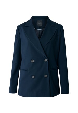 Marineblauwe dubbelgebreide blazer van gladde stof, met twee voorzakken, opvallende revers en gepolijste knopen.