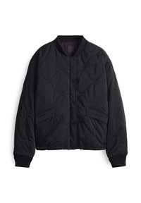 Veste matelassée noire avec boutons-pression à l'avant, deux poches angulaires, col et poignets côtelés, présentée sur fond blanc.