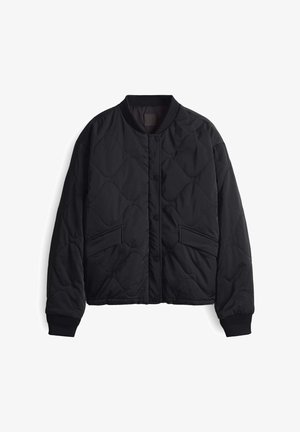 Black quilted jacket with front snap buttons, two angled pockets, ribbed collar and cuffs, displayed on white background.