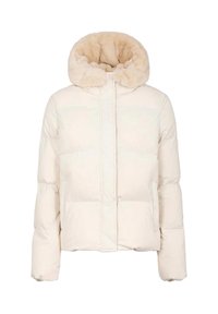 Giacca a vento color crema con zip frontale, tasche laterali e cappuccio foderato in pelliccia, progettata per il freddo.
