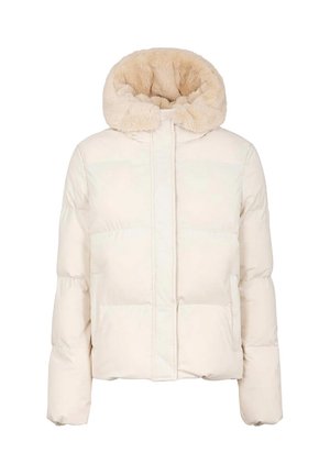 Giacca a vento color crema con zip frontale, tasche laterali e cappuccio foderato in pelliccia, progettata per il freddo.