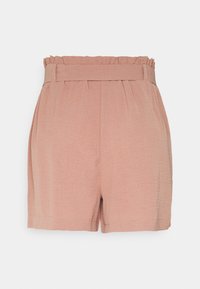 Shorts rose pâle taille haute, doux, avec taille élastiquée froncée et ceinture en tissu assortie avec passants sur fond uni.