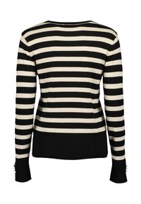 Gestreifter Pullover mit schwarzen und cremefarbenen horizontalen Streifen, Rundhalsausschnitt und langen Ärmeln mit schwarzen gerippten Bündchen und dekorativen Akzenten.