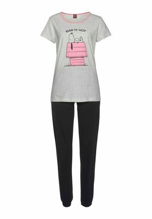 Light grey cotton t-shirt with pink neckline, featuring cartoon of a sleeping dog on a pink doghouse. Black trousers with elastic waistband.