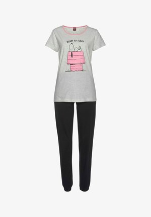 Light grey cotton t-shirt with pink neckline, featuring cartoon of a sleeping dog on a pink doghouse. Black trousers with elastic waistband.