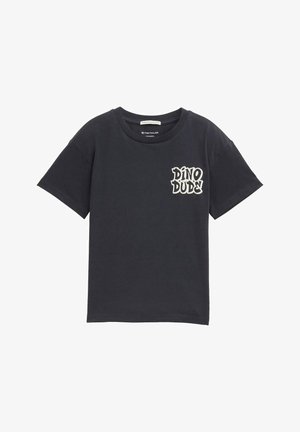 Sort bomulds t-shirt med korte ærmer, rund halsudskæring og frontgrafik med teksten "DINO DUDES" i hvid. Enkel, afslappet design.