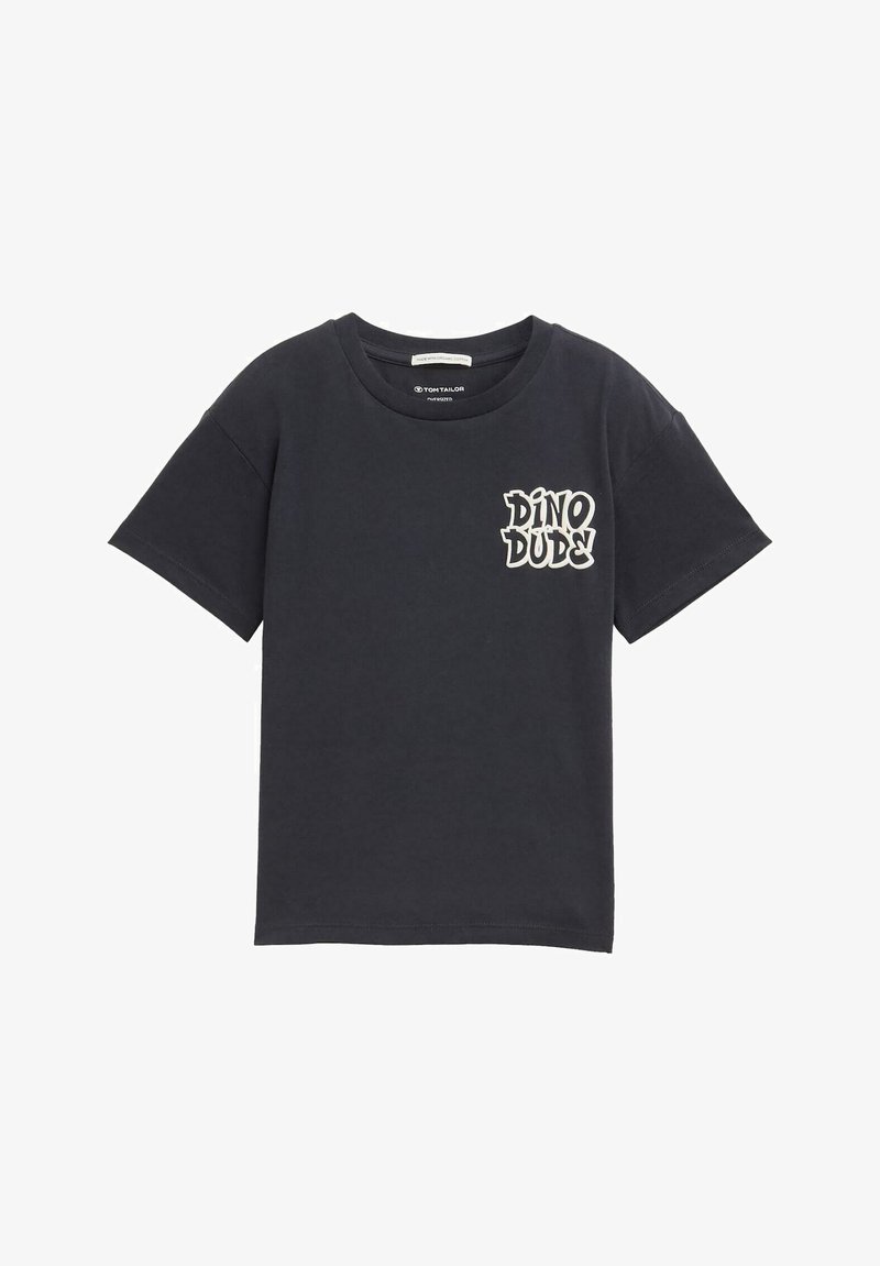 Black cotton t-shirt with short sleeves, round neckline, and front text graphic reading "DINO DUDES" in white. Simple, casual design.