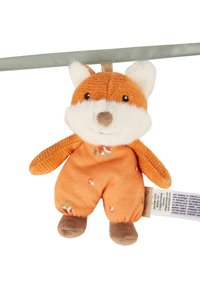 Orange plush fox toy with a soft, furry face and corduroy limbs. The body has a printed pattern of small mushrooms and features round brown feet.