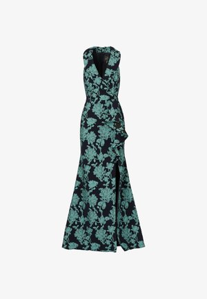 Květinové maxi šaty v tmavě námořnické modři se vzorem akva-zelených květin, s hlubokým výstřihem, zavinovacím střihem, bočním rozparkem a volánkovými detaily.
