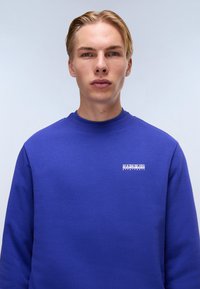 Felpa blu con collo a giro, tessuto a trama, e un piccolo logo bianco sul petto. Il design è semplice e moderno.