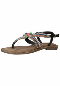 Zwarte leren teenslipper met een kleurrijk met kralen geborduurde band, platte suède zool en een kleine verstelbare gesp rond de enkels.