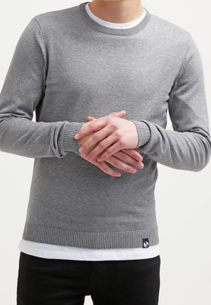 Gray sweater in a soft knit fabric, featuring a round neckline, ribbed cuffs and hem, layered over a white shirt, with a logo patch.
