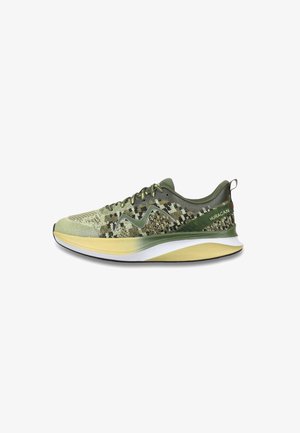 Green patterned running shoe with a textured upper, lightweight construction, a wide sole, and reflective accents for visibility.