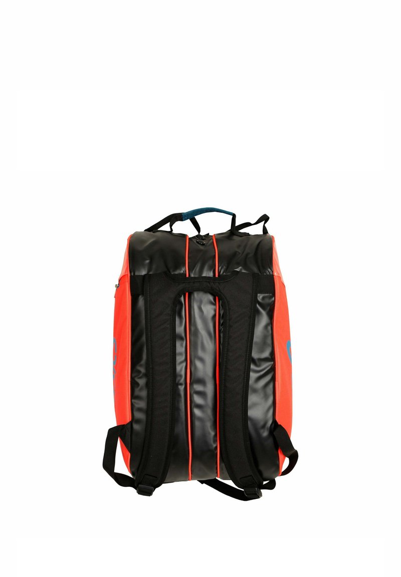 Black and red waterproof backpack with padded straps, top handle, and orange piping details against a white background.