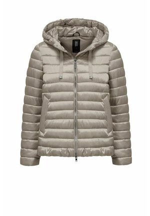 Lichtbeige doorgestikte donzen jas met capuchon, ritssluiting voor, zijzakken en trekkoorden.
