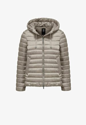 Jasnobeżowa pikowana kurtka puchowa z kapturem, suwakiem z przodu, bocznymi kieszeniami i sznurkami ściągającymi.