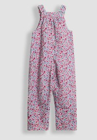 Salopette a fiori con motivi rosa, blu e bianchi. Realizzata in tessuto leggero, presenta spalline larghe e una vestibilità rilassata.