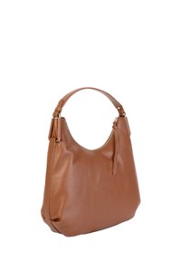 Braune Lederschultertasche mit glatter Textur, geschwungener Form und goldfarbenen Hardwareakzenten. Verfügt über einen Reißverschluss und einen dicken Griff.