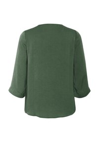 Camisa verde, texturada, de manga larga con cuello redondo y puños doblados. Tejido suave y ligero con un ajuste holgado, que presenta un dobladillo curvado.