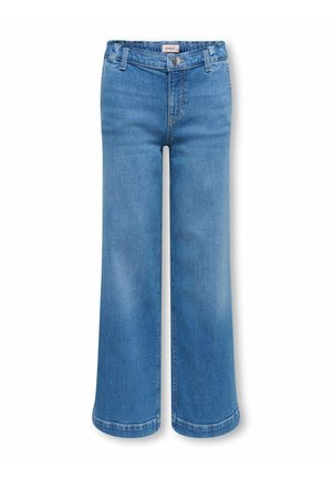 Blue wide-leg denim jeans with button closure, belt loops, and subtle fading on a white background.