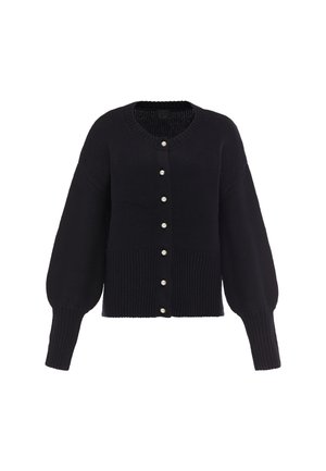Sort strikket cardigan med perleknapper, ribkanter ved manchetter og bund, med lange puffede ærmer og rund halsudskæring.