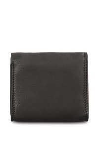 Portafoglio in pelle nera con texture liscia, design bifold e cuciture visibili sui bordi. Profilo piatto, senza ornamenti.