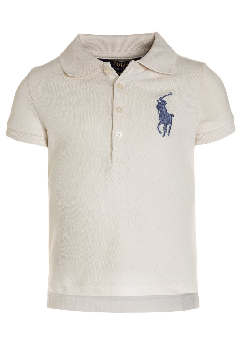 Polo de color crema en algodón con mangas cortas, cuello acanalado, tapeta de tres botones y logo de caballo bordado en azul marino en el pecho.