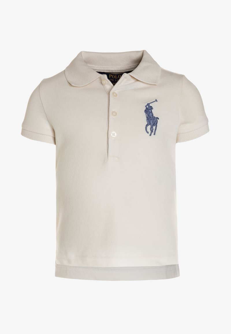 Polo de color crema en algodón con mangas cortas, cuello acanalado, tapeta de tres botones y logo de caballo bordado en azul marino en el pecho.