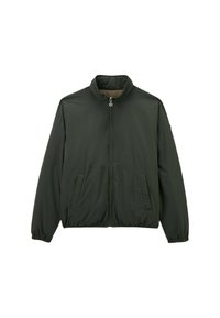 Veste légère vert foncé avec fermeture éclair sur le devant, col montant, poignets élastiques et deux poches latérales ; texture lisse.