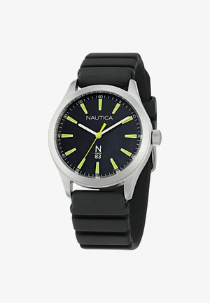 Hodinky Nautica s čiernym gumovým remienkom, strieborným puzdrom z nerezovej ocele a čiernym ciferníkom. Obsahujú fosforové zelené hodinové indexy a ručičky.
