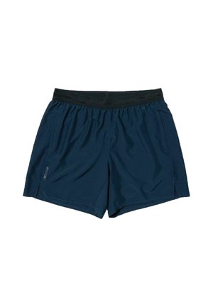 Tumesinised spordipüksid, mis on valmistatud kergest materjalist, varustatud elastse musta vöökohaga, küljetaskutega ja lahtise lõikega.