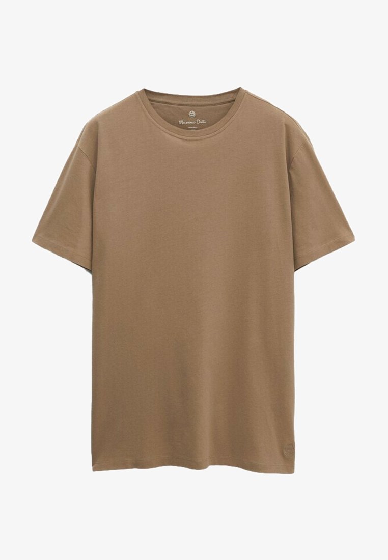 T-shirt en coton marron uni à manches courtes avec col rond et coupe décontractée, présenté sur un fond blanc.
