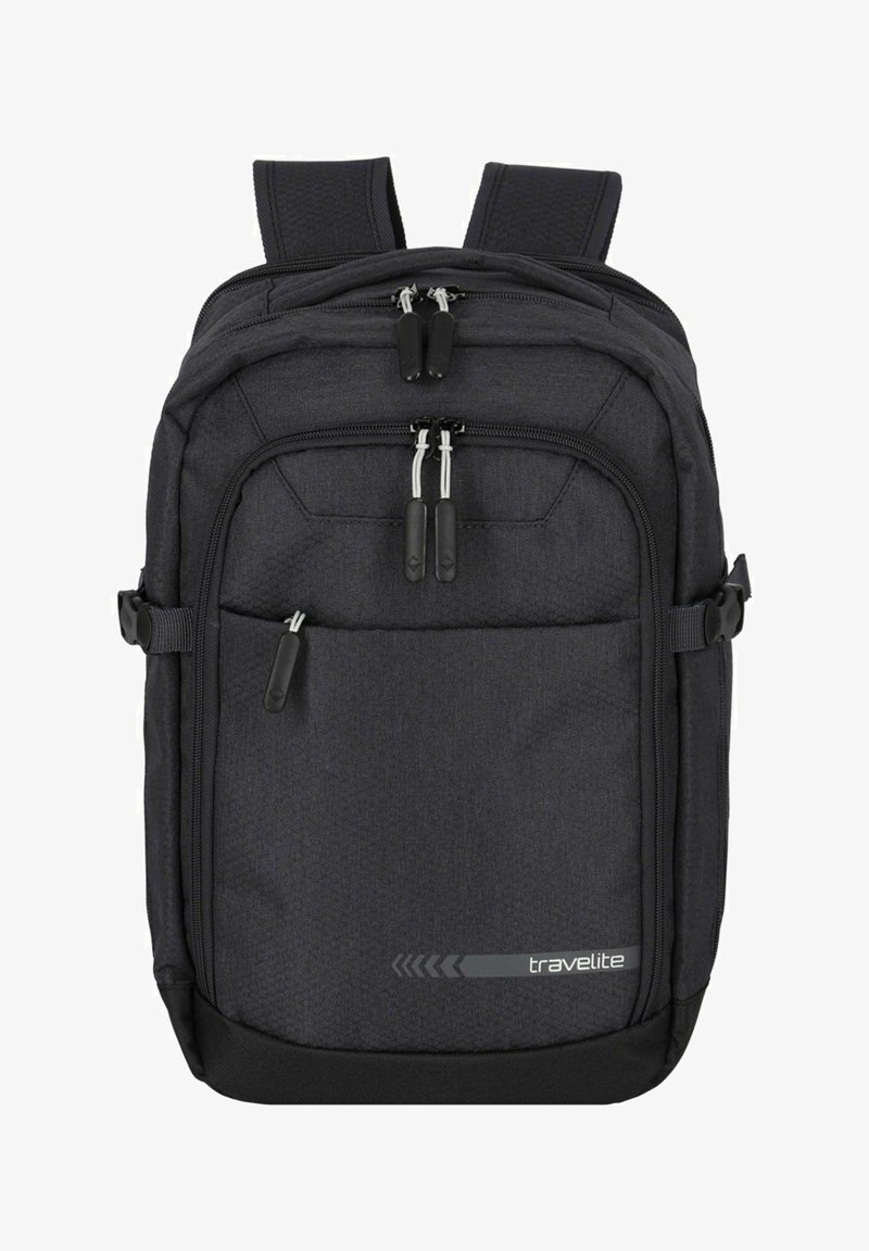 Zaino nero realizzato in tessuto resistente, dotato di due scomparti con zipper, spallacci imbottiti e un design testurizzato. Accentuato con dettagli di branding grigi.