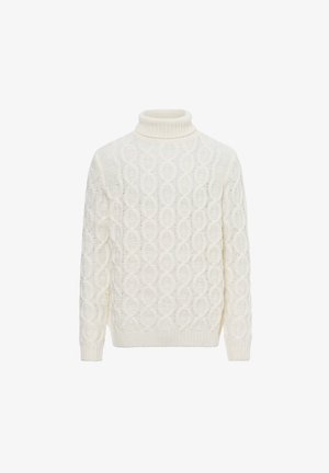 Cremfarbener Rollkragenpullover mit strukturiertem Kabelstrickmuster sowie gerippten Bündchen und Saum. Weiches, grob gestricktes Material.