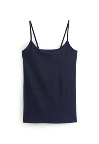 Top canotta blu navy con spalline sottili regolabili, realizzato in un tessuto leggero e liscio, caratterizzato da un semplice design a taglio dritto.