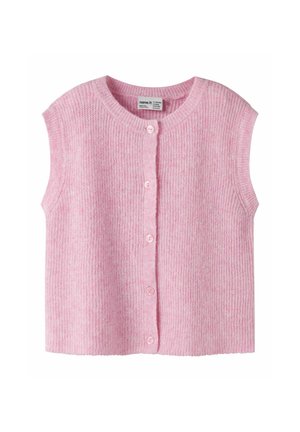 Cardigan rose tricoté sans manches, boutonné, avec un col rond, présenté à plat sur fond blanc.