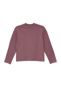 Langarm, pflaumenfarbener Sweatshirt mit Rundhalsausschnitt, lockerer Passform und flachen Nähten. Der Stoff wirkt weich mit minimaler Textur.