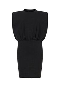 Mini-robe noire sans manches avec épaules structurées et rembourrées et détail froncé à la taille, avec un col rond.