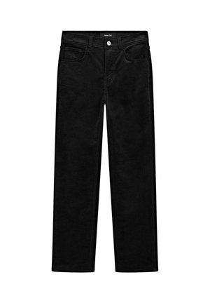 Pantaloni in corduroy neri con design a gamba dritta, tasche frontali e chiusura con un solo bottone in vita. Texture liscia.