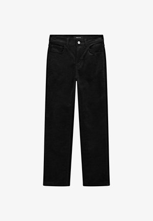 Zwarte corduroybroek met een rechtlopende pasvorm, voorzakken en een enkele knoopsluiting bij de tailleband. Gladde textuur.
