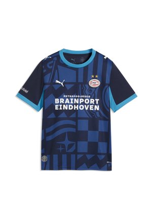 Tummansininen PSV Eindhovenin jalkapallopaita vaaleansinisellä kauluksella ja hihojen reunoilla, geometrisillä kuvioilla, Puma-logolla ja Brainport Eindhoven sponsorin tekstillä.