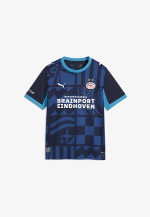 Dunkelblaues PSV Eindhoven Fußballtrikot mit hellblauem Kragen und Ärmelabschlüssen, geometrischen Mustern, Puma-Logo und Brainport Eindhoven Sponsoren-Schriftzug.
