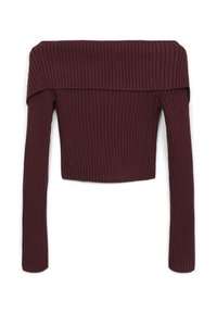 Burgunderfarbenes, schulterfreies, geripptes Crop-Top mit langen Ärmeln, das ein strukturiertes Design und eine enge Passform aufweist.