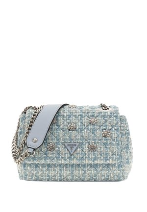 Borsa a tracolla in tweed blu con catena argentata, decorata con dettagli floreali e una placca del logo. Forma rettangolare strutturata con chiusura a pattina.